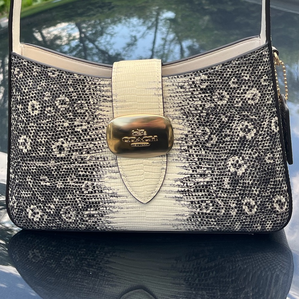2023 Coach Cream & Black Monogram Shoulder Bag with Gold Hardware